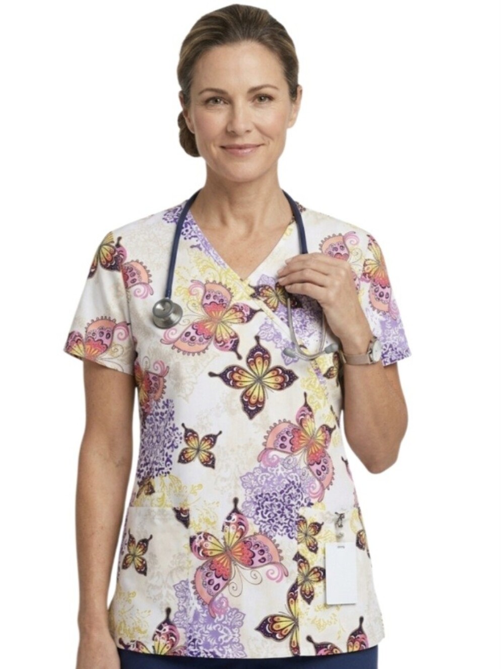 SB Scrubs Butterfly & Mandala V-Neck Scrub Top Women’s Medium Colorful Medical